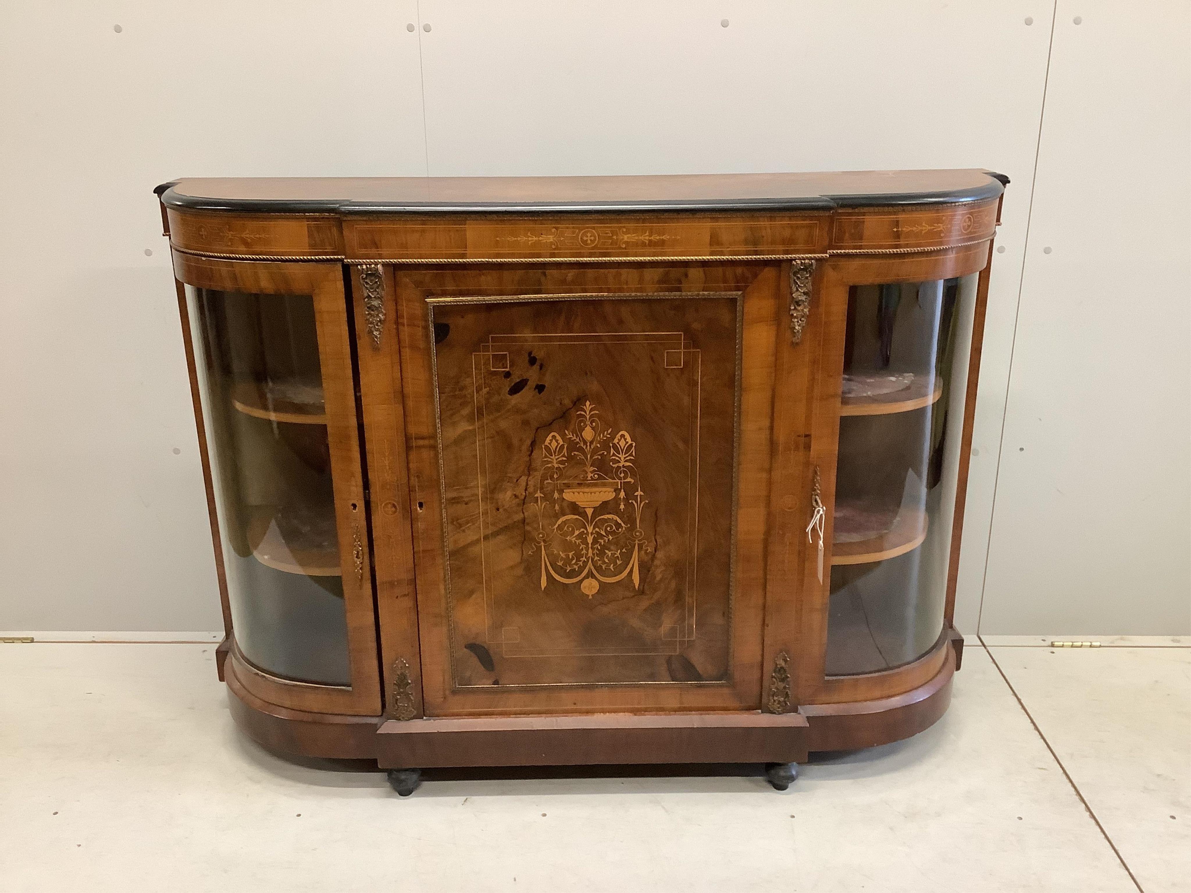 A Victorian gilt metal mounted marquetry inlaid walnut breakfront side cabinet, width 149cm, depth 38cm, height 107cm. Condition - fair